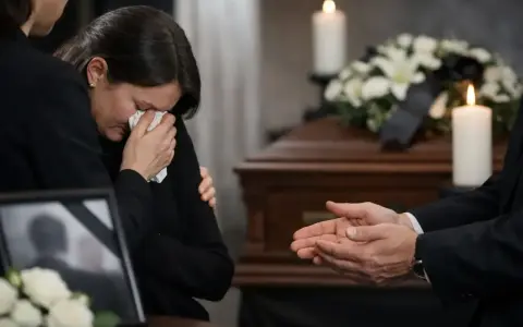 Smutna kobieta ociera łzy. W tle trumna i świece. Wskazówki, jak złożyć kondolencje na odległość, gdy nie można być blisko.