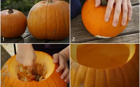 Przygotowanie wydrążonej dyni do Halloween. Krok po kroku: wybór, narysowanie linii cięcia, wydrążanie wnętrza i gotowa pusta dynia.