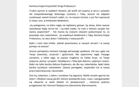 Wzór pożegnania zmarłego księdza proboszcza, czytany przez katechetów. Wyrazy żalu i wdzięczności za wspólny czas.