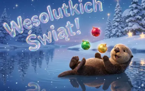 Wesołych Świąt! Wydra bawi się bombkami w zimowej scenerii, jakby czytała wierszyki na Boże Narodzenie.