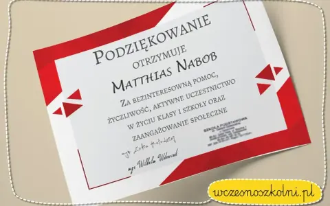 Dyplom z podziękowaniem dla Matthiasa Nabob za pomoc i zaangażowanie. Wzruszające słowa podziękowania od nauczycieli.