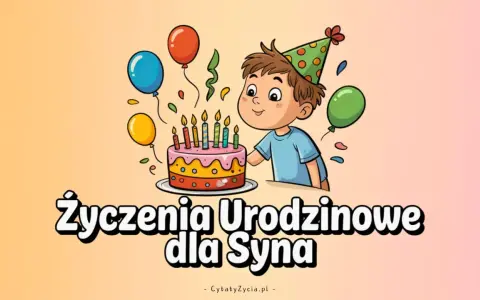 Chłopiec w czapce urodzinowej zdmuchuje świeczki z tortu. Balony i konfetti tworzą radosną atmosferę. Idealne życzenia urodzinowe dla syna.