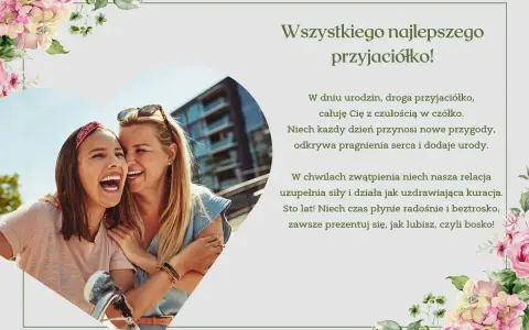 Krótkie życzenia urodzinowe dla koleżanki: dwie przyjaciółki śmieją się, otoczone kwiatami.