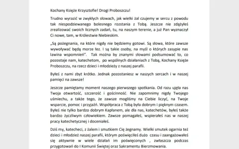 Wzór pożegnania rodziny w imieniu zmarłego. List od katechetów wyraża głęboki żal po odejściu księdza, wspominając jego dobroć i zaangażowanie.