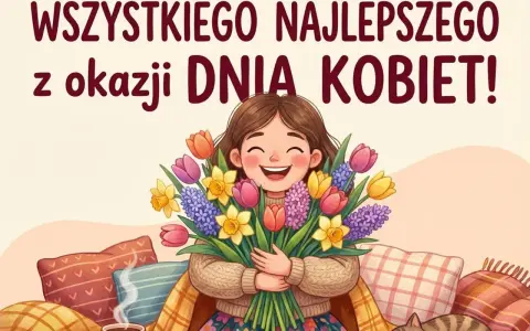 Uśmiechnięta dziewczynka z bukietem wiosennych kwiatów, kotek i kubek gorącej czekolady. Najlepsze życzenia z okazji Dnia Kobiet!