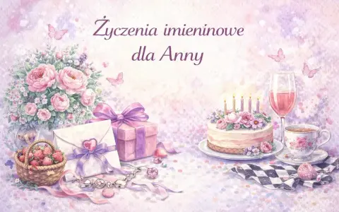 Urocza kartka z okazji imienin Anny: bukiet róż, tort, prezenty, koszyk truskawek i napoje.