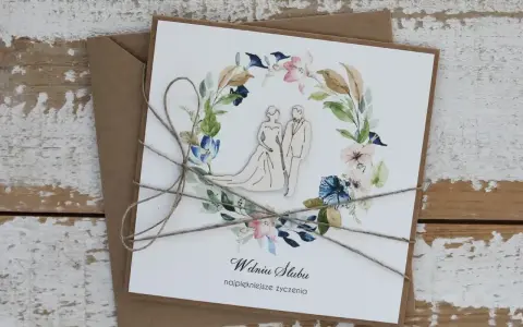 Eleganckie zaproszenie ślubne z wianuszkiem kwiatów i parą młodą. Piękne życzenia na ślub.