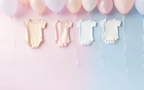 Wierszyk z okazji narodzin dziecka: cztery urocze body wiszą na sznurku, otoczone pastelowymi balonami.