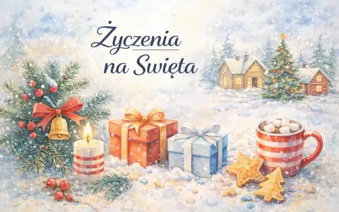 Życzenia na Święta: prezenty, choinka, świeca i kubek gorącej czekolady. Niech będą to zdrowych spokojnych świąt.