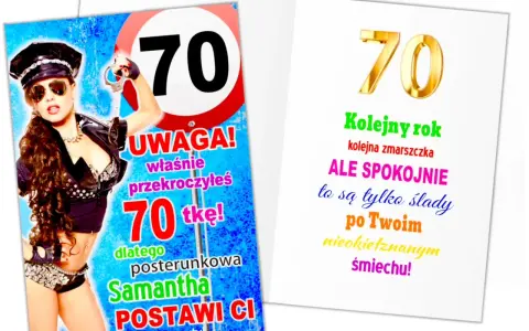 Kobieta w stroju policjantki z kajdankami i napisem "UWAGA! Właśnie przekroczyłeś 70-tkę!". Wesołe życzenia na 70 urodziny dla kobiety.