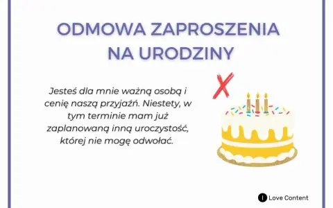 Jak grzecznie odmówić zaproszenia przykłady: tekst o odmowie urodzinowych, z tortem i przekreślonym zaproszeniem.