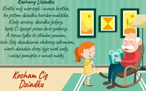 Piękne życzenia urodzinowe dla wnuczki dla ukochanego Dziadka. Wnuczka wręcza prezent i kwiatka.