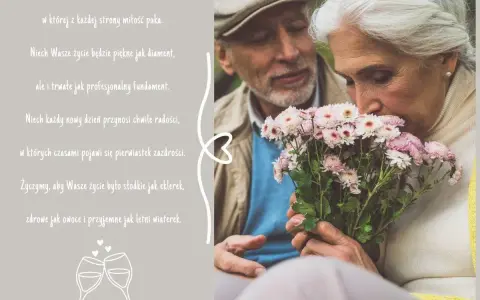 Para świętuje 60 rocznicę ślubu. Kobieta wącha bukiet kwiatów, mężczyzna patrzy z czułością.