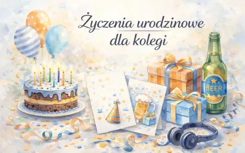 Mądre życzenia urodzinowe dla kolegi: tort, balony, prezenty, piwo i słuchawki.