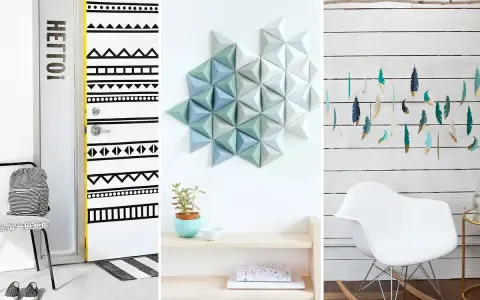 Inspirujące dekoracje DIY: drzwi w etniczne wzory, geometryczna ozdoba na ścianę i piórka-girlanda.