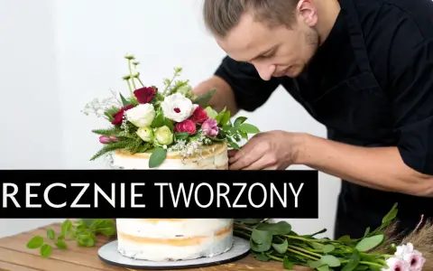 Mistrz cukiernictwa dekoruje tort z kwiatami żywymi, tworząc dzieło sztuki.