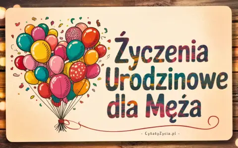 Kolorowe balony unoszą się, tworząc serce, a napis "Życzenia urodzinowe dla Męża" zapowiada radosne świętowanie.