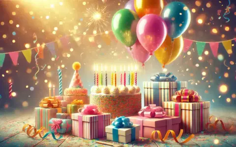Wspaniałe życzenia na 50 urodziny! Tort, prezenty, balony i konfetti tworzą magiczną atmosferę.