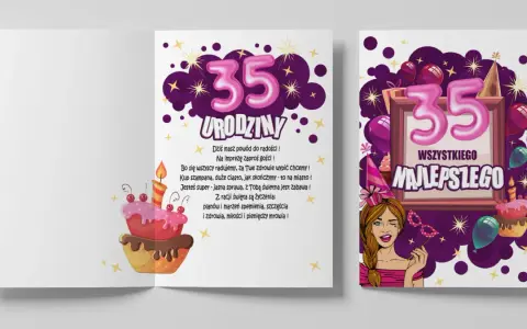 Wesołe życzenia na 35 urodziny z tortem i balonami. Jubilatce życzymy spełnienia marzeń, szczęścia i miłości.