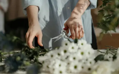 Dzień florysty. Dłonie przycinają zielone gałązki, obok bukiet białych kwiatów.