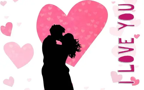 Para uczczenia światowy dzień miłości, całuje się na tle różowych serc. Napis "I LOVE YOU" dopełnia romantyczną scenę.