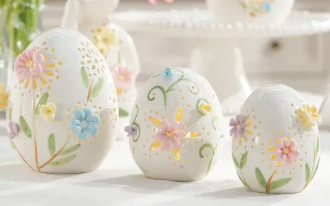 Białe, ceramiczne jajka z pastelowymi kwiatami i listkami, ozdobione ażurowymi wzorami. Te piękne symbole wielkanocne tworzą magiczną atmosferę.