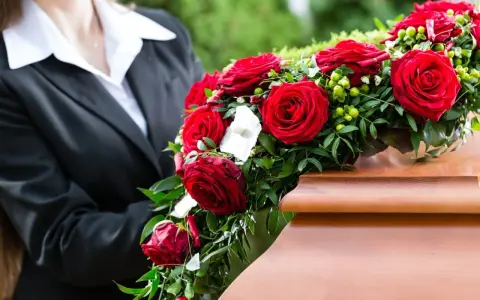 Czerwone róże, tradycyjne kwiaty na pogrzeb, zdobią drewnianą trumnę.