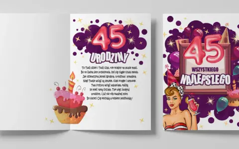 Wesołe życzenia na 45 urodziny z tortem i kieliszkiem drinka. Jubilatka w stylu pin-up świętuje 45 lat!