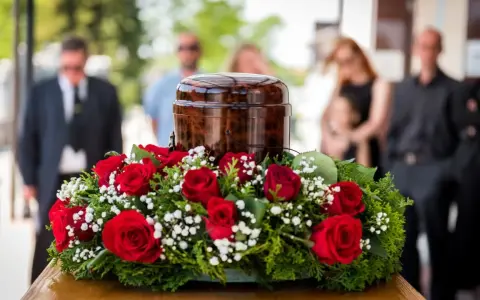 Czerwone róże i gipsówka otaczają urnę. Takie kwiaty na pogrzebie starszej osoby symbolizują miłość i pamięć.