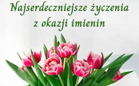 Piękne, różowe tulipany z zielonymi liśćmi. Napis "Najserdeczniejsze życzenia z okazji imienin" idealnie nadaje się na krótkie życzenia imieninowe dla dzieci.