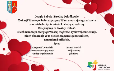 Życzenia świąteczne dla babci i dziadka z Gminy Jakubów. Serdeczne pozdrowienia i podziękowania za miłość.