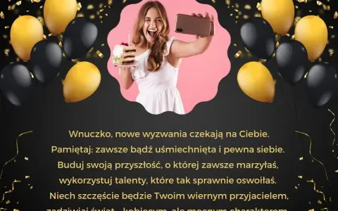 Wzruszające życzenia urodzinowe dla córki na 18. Uśmiechnięta dziewczyna z tortem i balonami.