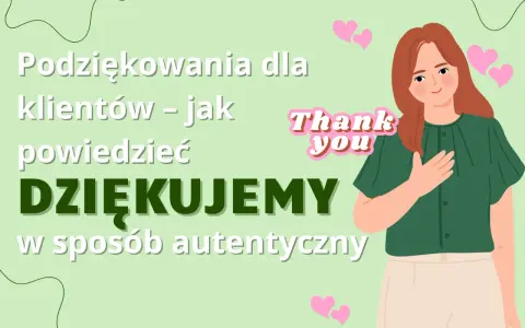 Krótkie podziękowanie dla klientów. Uśmiechnięta dziewczyna z serduszkami i napisem "Thank you".