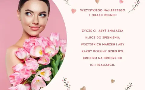 Kobieta z bukietem różowych tulipanów. Życzenia wszystkiego najlepszego w dniu imienin, by spełniały się marzenia.