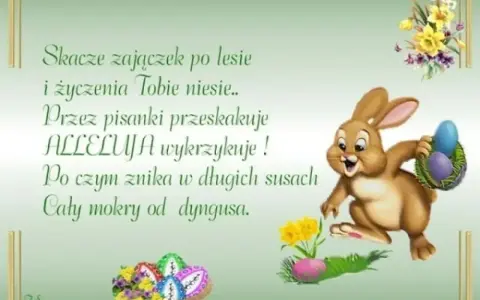 Wesoły zajączek z koszyczkiem pisanek niesie życzenia i krótkie wierszyki wielkanocne.