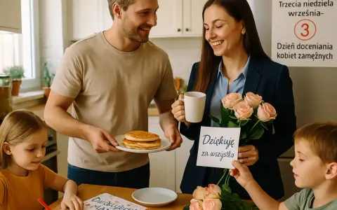 Rodzina świętuje dzień doceniania żony. Mąż podaje naleśniki, dzieci wręczają kwiaty i kartkę z podziękowaniami.