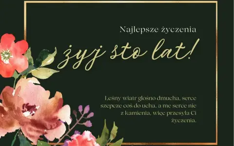 Kwiatowa kartka z życzeniami urodzinowymi dla cioci. "Żyj sto lat!" w złotej ramce.