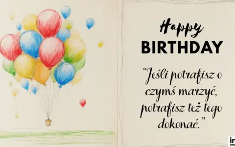 Balony unoszą się w powietrzu, towarzysząc życzeniom "Happy Birthday". Cytaty na urodziny przypominają, że marzenia się spełniają.