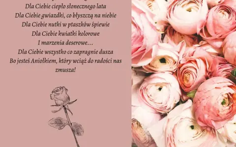 Krótkie życzenia urodzinowe na FB: bukiet róż i wiersz o aniołku.