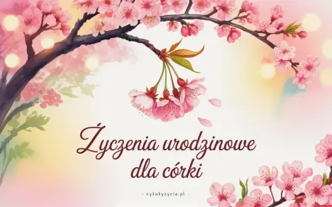 Kwiaty wiśni i delikatne światła tworzą tło dla wyjątkowych życzeń urodzinowych dla córki.