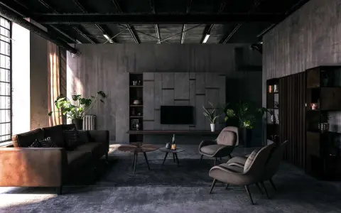 Nowoczesny salon z betonowymi ścianami, meblami w stylu hi-tech i roślinami. Styl hi-tech we florystyce podkreśla industrialny charakter wnętrza.