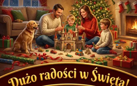 Rodzina buduje zamek z klocków przy choince, piesek patrzy. Wesołych Świąt!