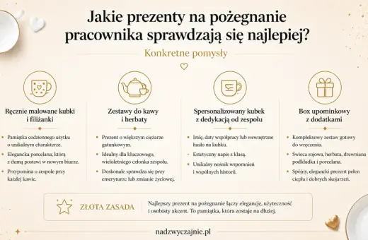 Pomysły na prezenty pożegnalne dla pracownika: ręcznie malowane kubki, zestawy do kawy, spersonalizowane kubki z dedykacją, boxy upominkowe.