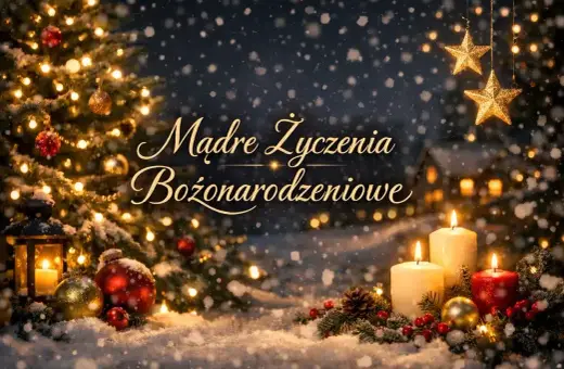 Śnieżna noc, choinka, świece i gwiazdy tworzą magiczną atmosferę. Niech te mądre życzenia bożonarodzeniowe przyniosą Ci radość i spokój.