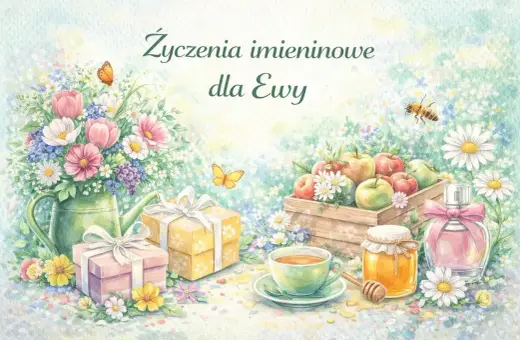 Tradycyjne życzenia imieninowe dla Ewy: bukiet kwiatów, prezenty, jabłka, miód i herbata.