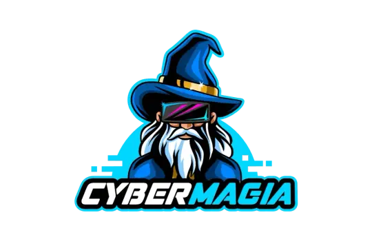 Czarodziej w goglach VR, gotowy na Urodziny z VR w Katowicach. Logo "Cybermagia".