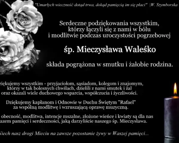 Wzór podziękowania za udział w pogrzebie śp. Mieczysława Waleśko. Rodzina dziękuje za wsparcie i pamięć.