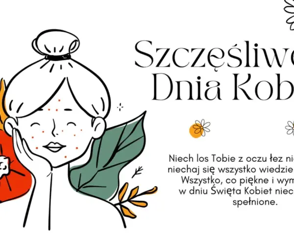 Ilustracja z napisem "Szczęśliwego Dnia Kobiet" i życzeniami. Uśmiechnięta dziewczyna z kwiatami.