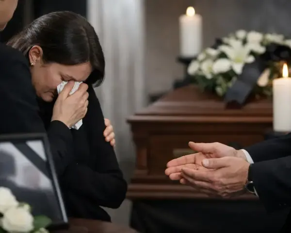 Smutna kobieta ociera łzy. W tle trumna i świece. Wskazówki, jak złożyć kondolencje na odległość, gdy nie można być blisko.