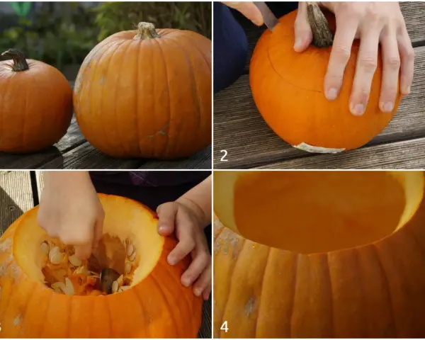 Przygotowanie wydrążonej dyni do Halloween. Krok po kroku: wybór, narysowanie linii cięcia, wydrążanie wnętrza i gotowa pusta dynia.